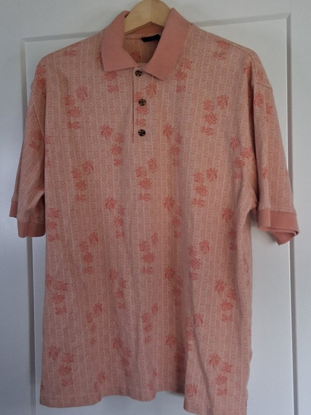 Vintage Woolrich Men's L Salmon Pink Fish Print Jacquard Polo Shirt 100% Cotton